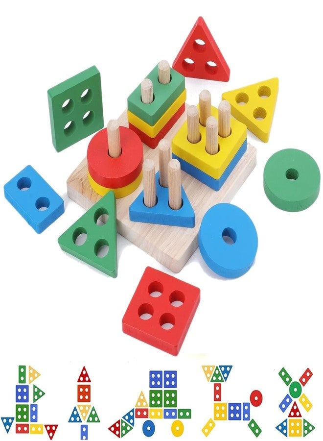 Smoneo Wooden 4 Shape Sorting & Stacking Toys for Toddlers, Montessori, Color Recognition Stacker Early Educational Blocks Puzzles for Boys & Girls, Kids Gift DM-23 - Image 3